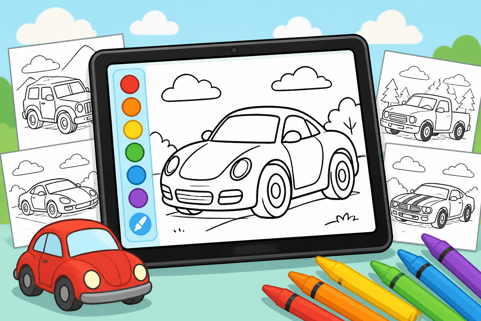 Android Tablet Coloring for Kids: Free Car Pages