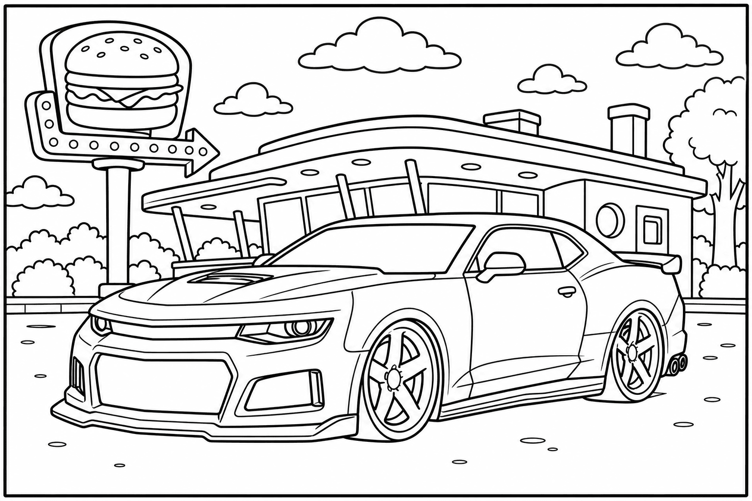 Chevrolet Camaro ZL1 1LE coloring page — version 2, printable black and white car outline for kids