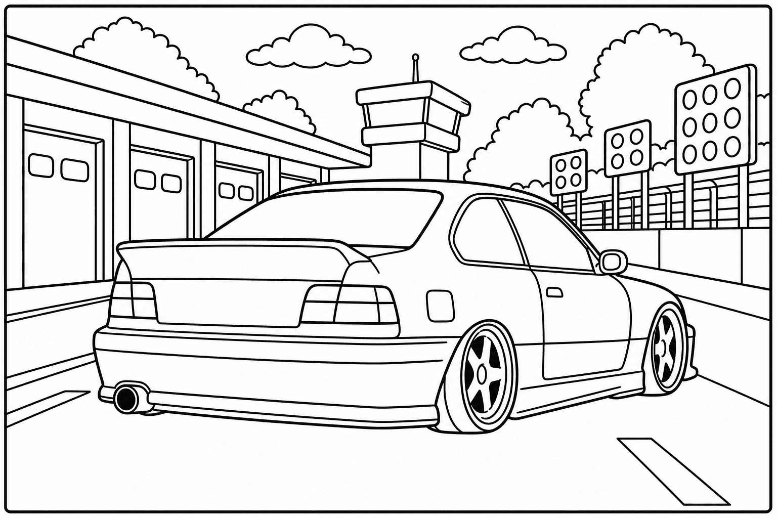 BMW M3 E36 coloring page — version 2, printable black and white car outline for kids