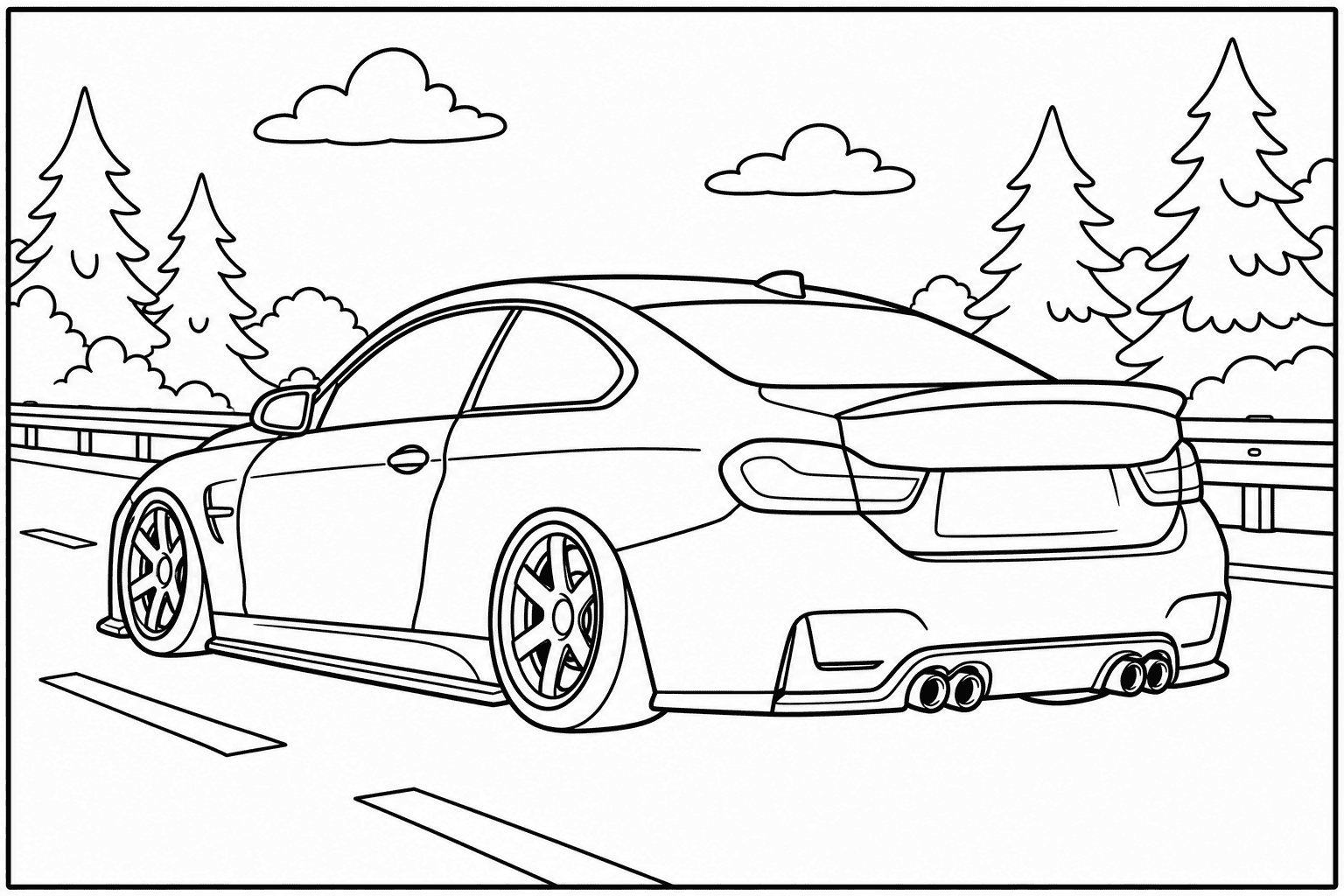 BMW M4 GTS F82 coloring page — version 2, printable black and white car outline for kids