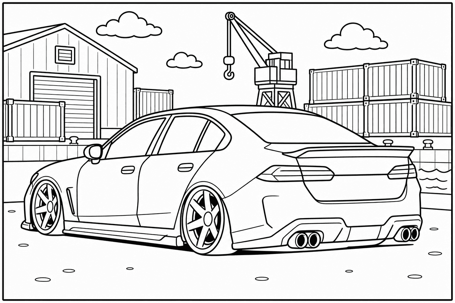 BMW M5 G90 coloring page — version 2, printable black and white car outline for kids