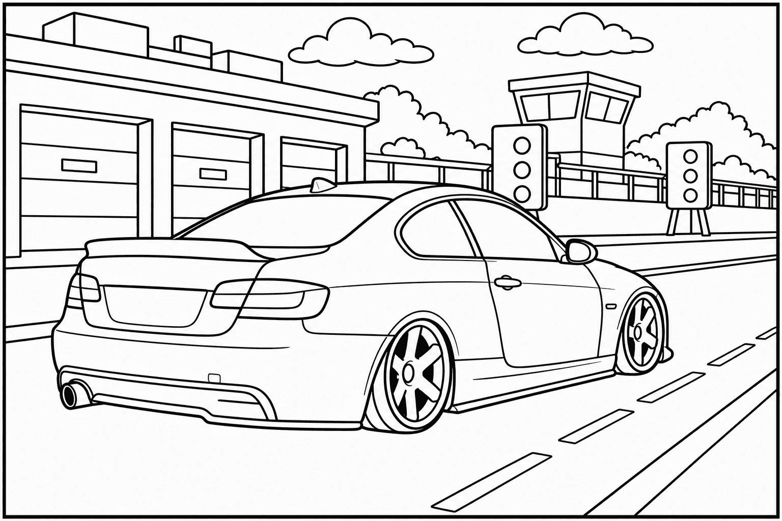BMW 335i E92 Coupe coloring page — version 2, printable black and white car outline for kids