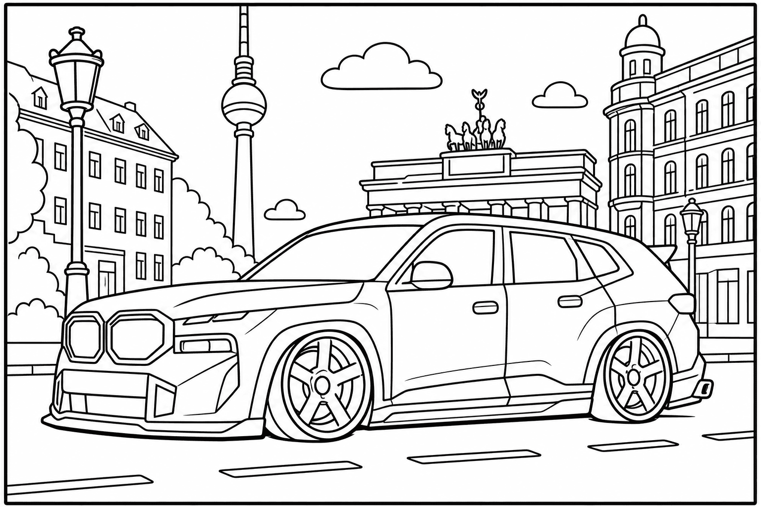 BMW XM coloring page — version 2, printable black and white car outline for kids
