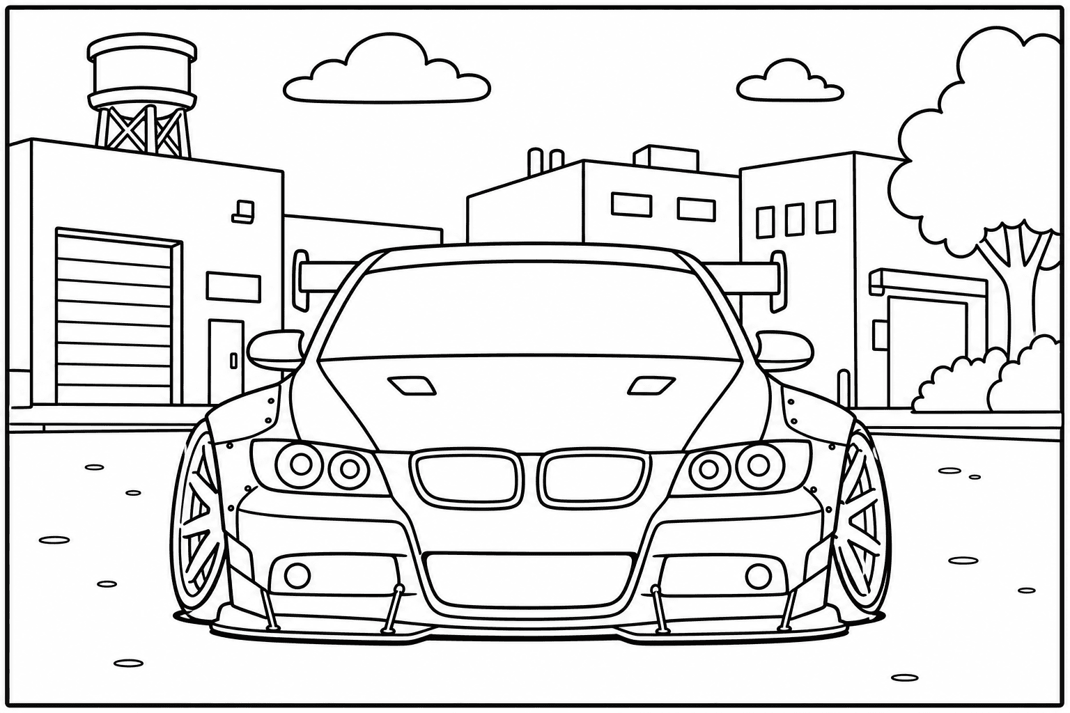 BMW M3 E90 Sedan coloring page — version 2, printable black and white car outline for kids