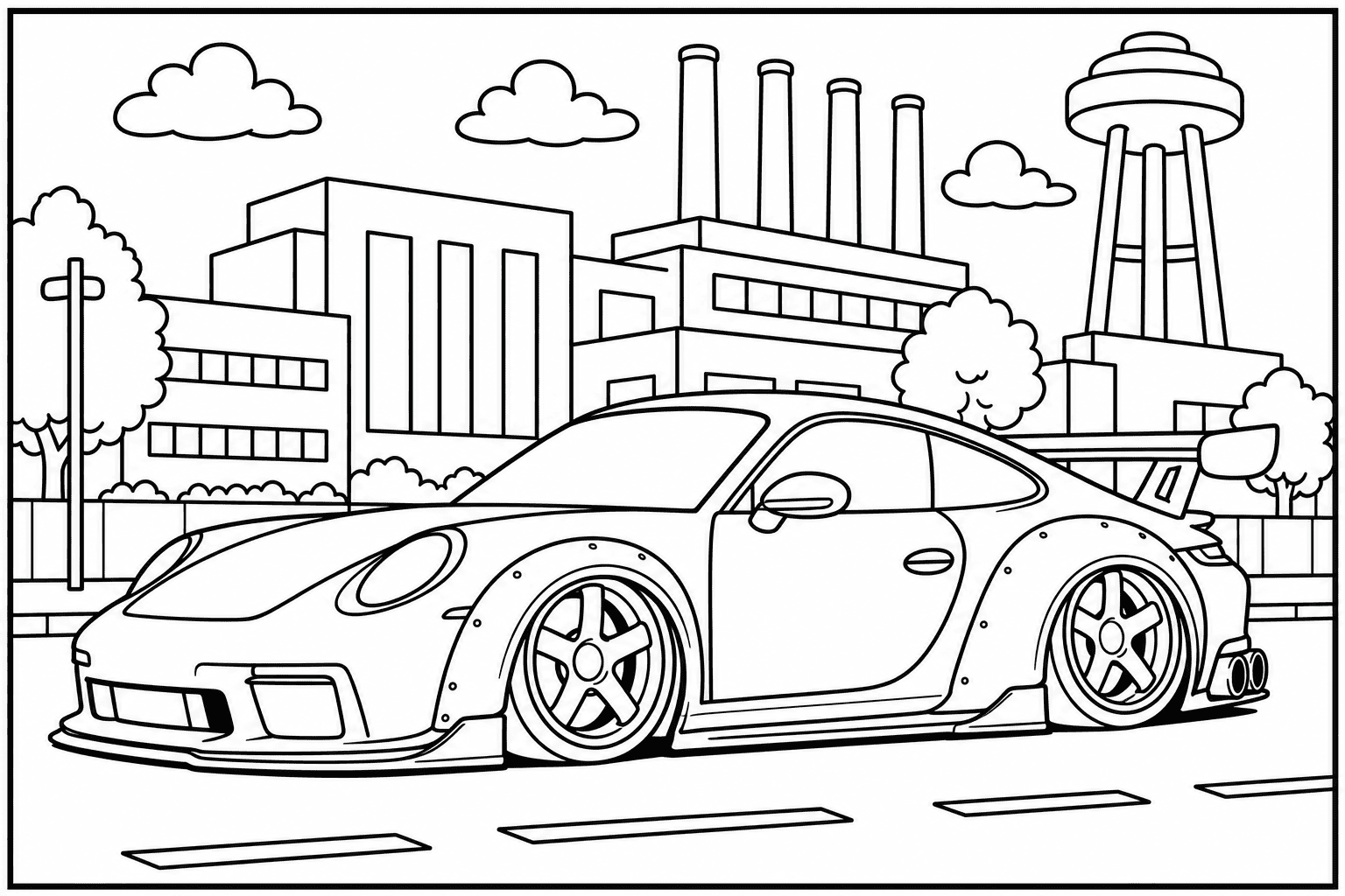 Porsche 911 GT3 992 coloring page — version 2, printable black and white car outline for kids