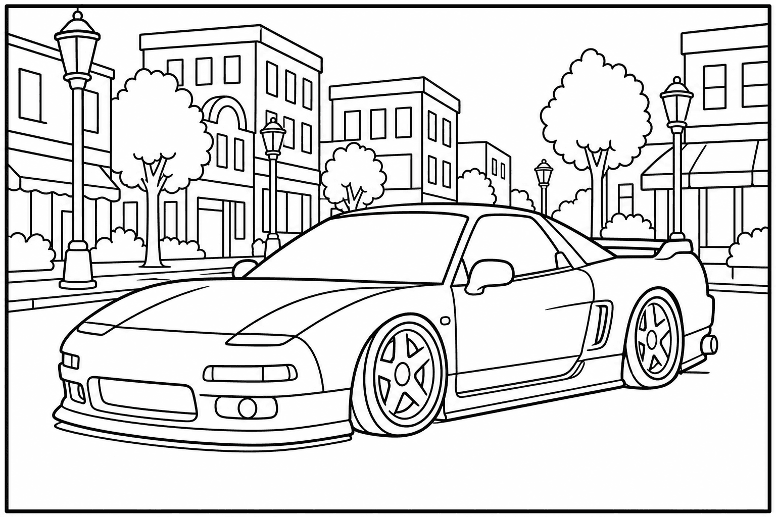 Acura NSX coloring page — version 2, printable black and white car outline for kids