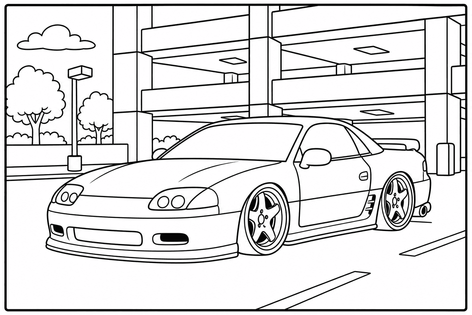 Mitsubishi 3000GT VR-4 coloring page — version 2, printable black and white car outline for kids