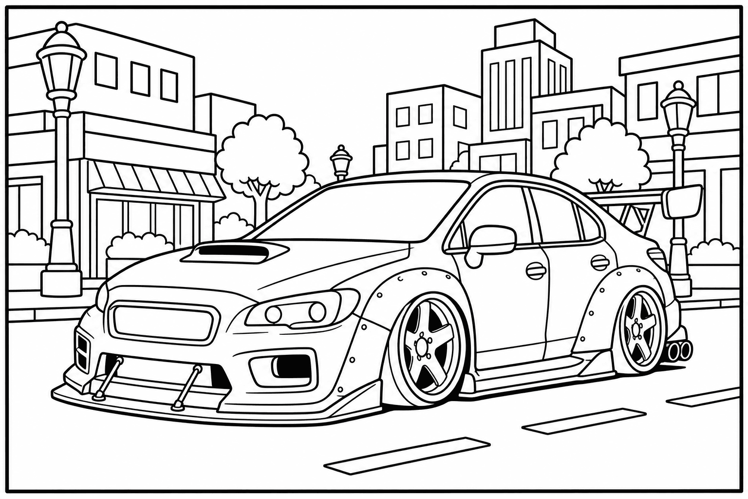 Subaru WRX STI GR coloring page — version 2, printable black and white car outline for kids