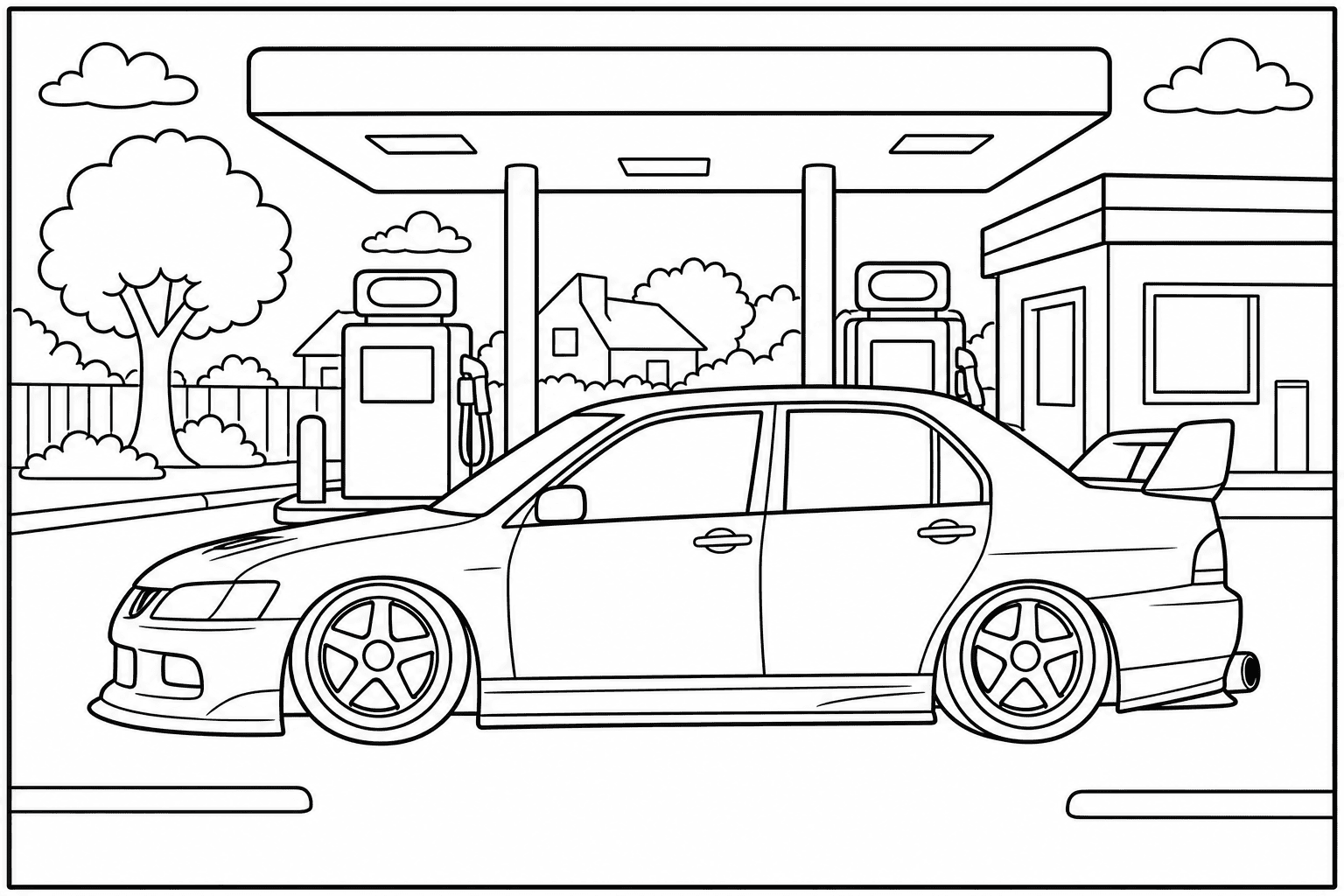 Mitsubishi Lancer Evolution IX coloring page — version 2, printable black and white car outline for kids
