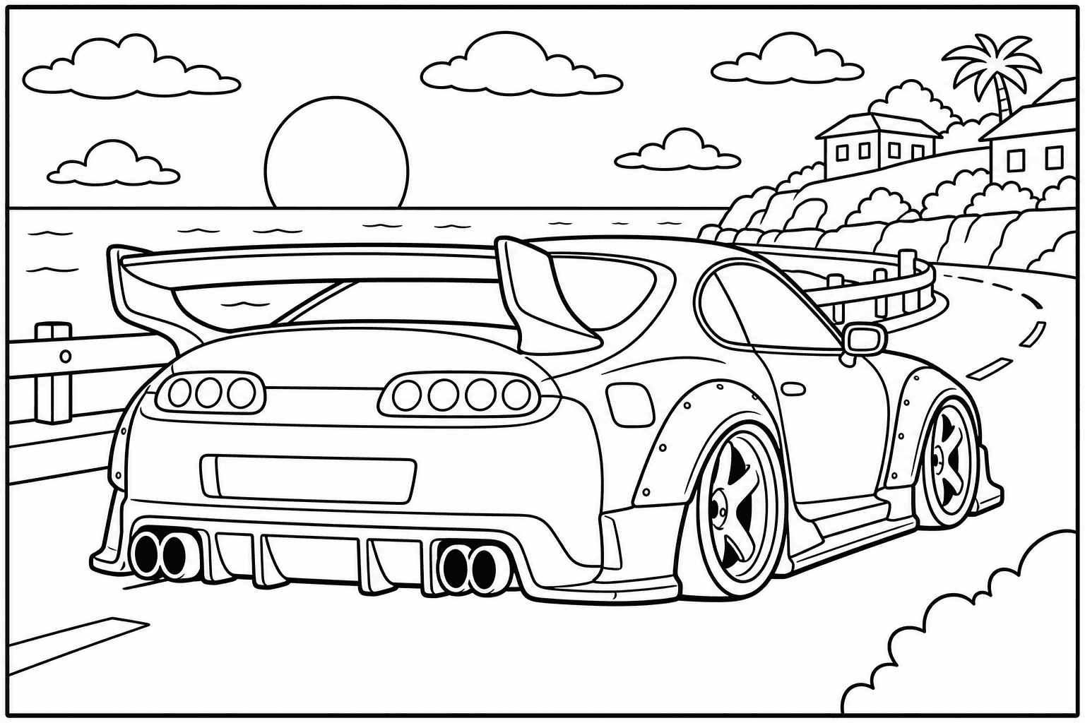 Toyota Supra coloring page — version 2, printable black and white car outline for kids