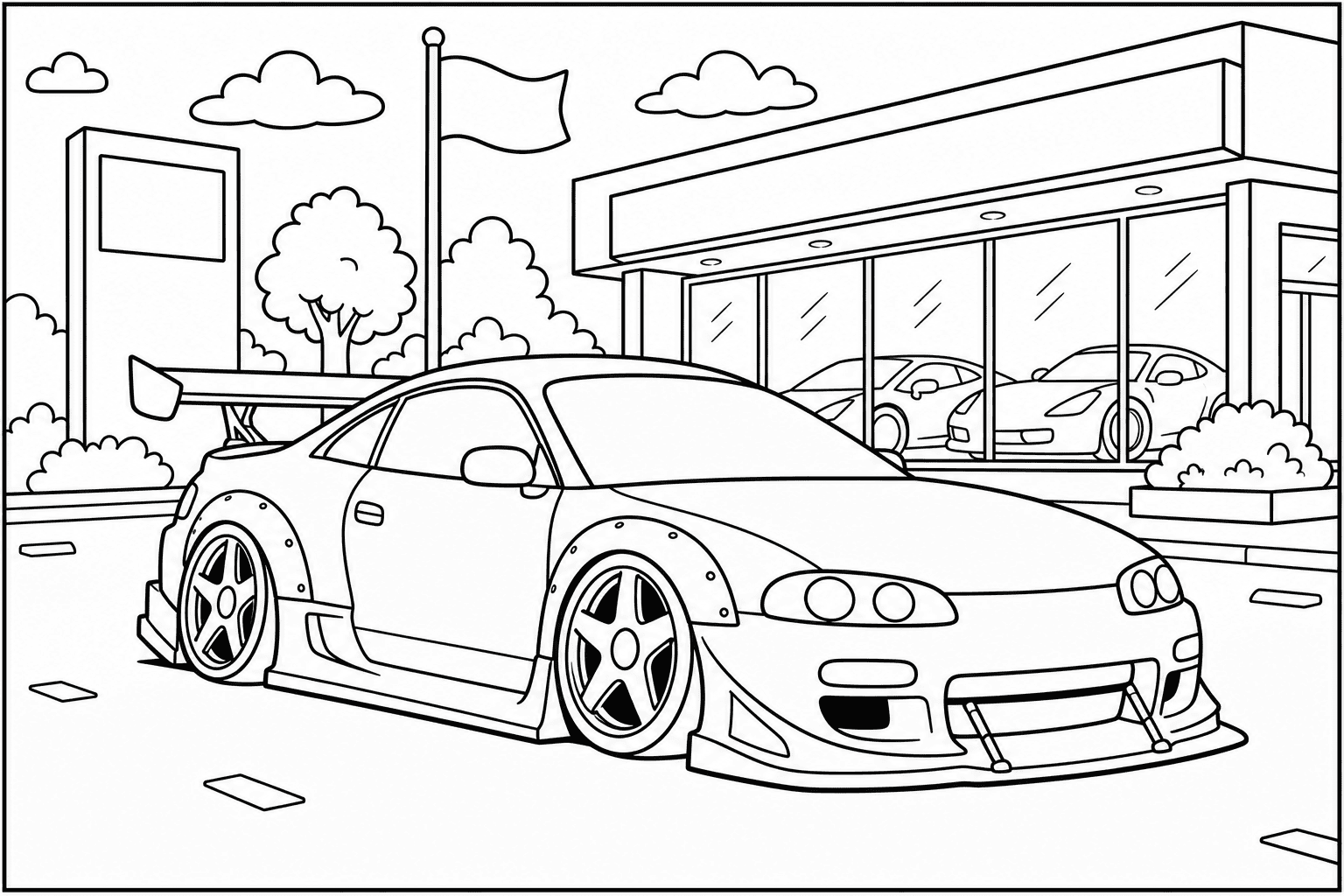Mitsubishi Eclipse GSX coloring page — version 2, printable black and white car outline for kids