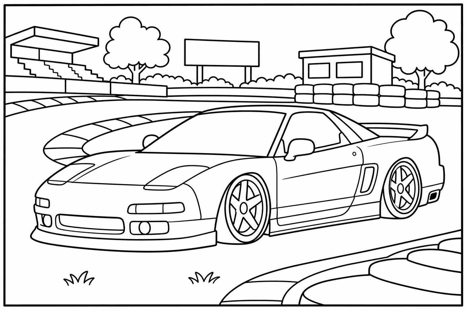 Acura NSX coloring page — version 3, printable black and white car outline for kids