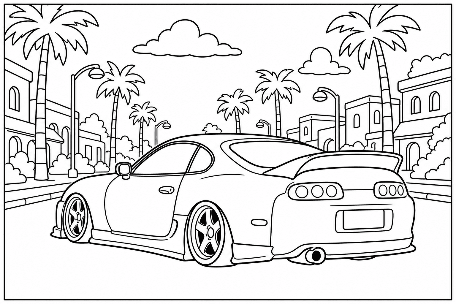 Toyota Supra coloring page — version 3, printable black and white car outline for kids