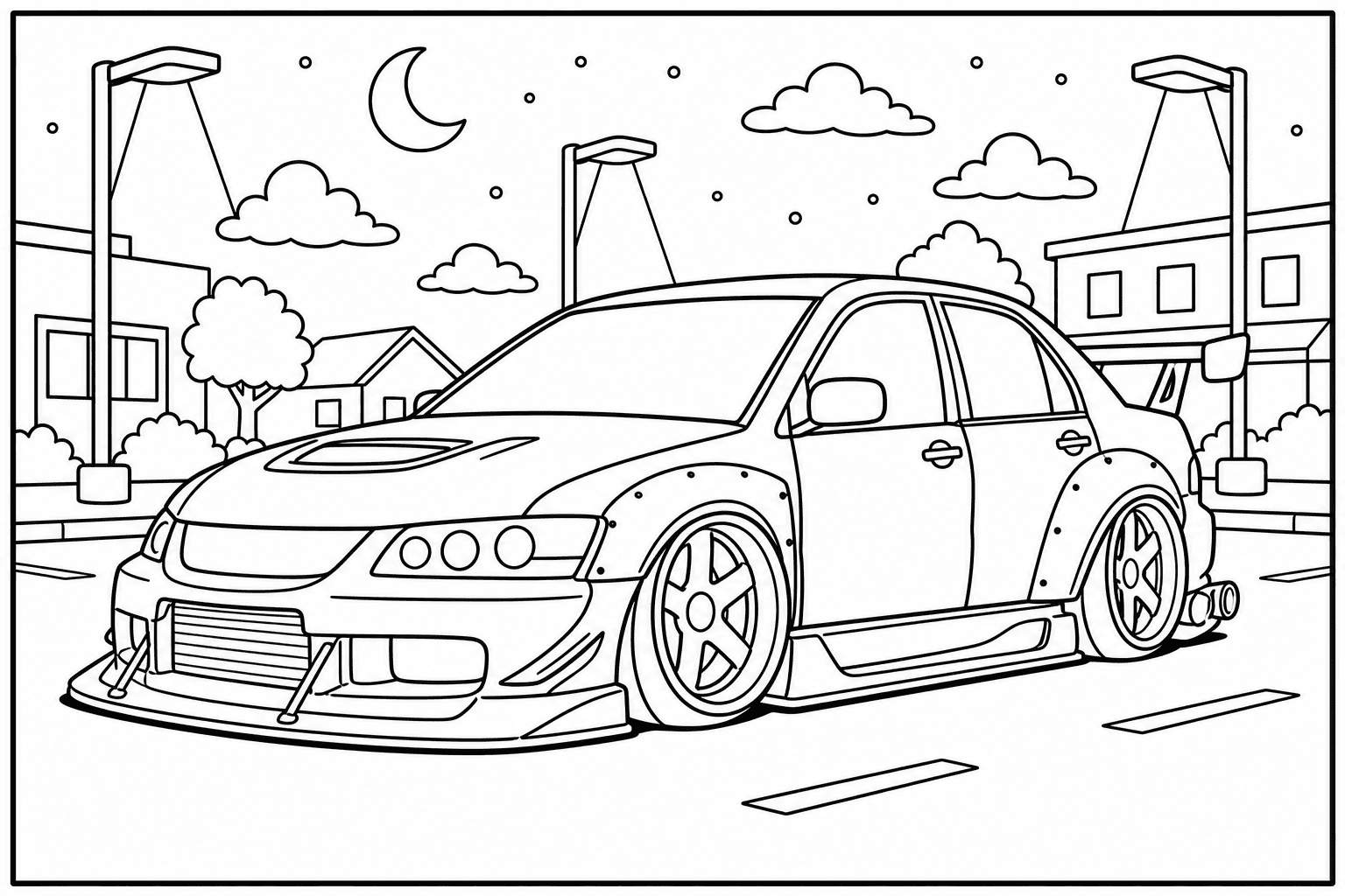Mitsubishi Lancer Evolution IX coloring page — version 3, printable black and white car outline for kids