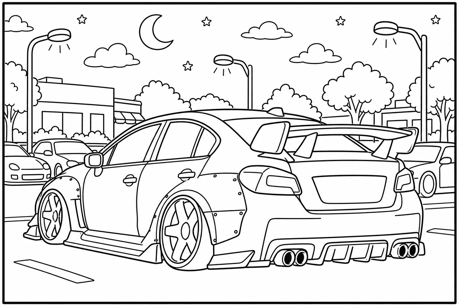 Subaru WRX STI GR coloring page — version 3, printable black and white car outline for kids