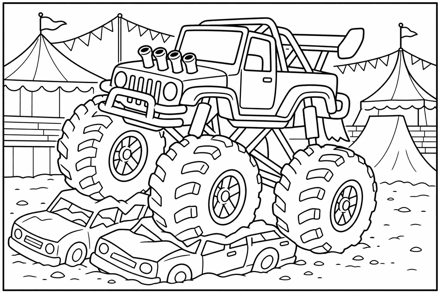 Military Jeep Monster Truck coloring page — version 2, printable black and white car outline for kids