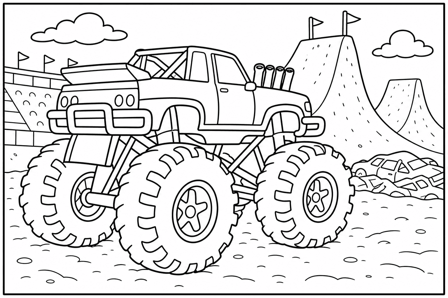 Lowrider Monster Truck coloring page — version 2, printable black and white car outline for kids