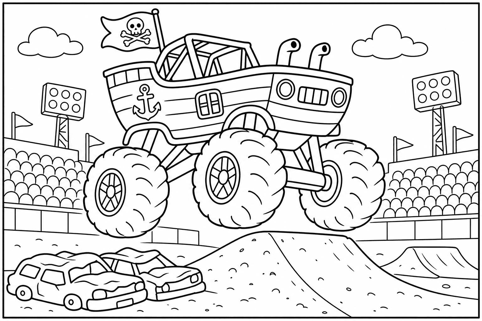 Pirate Ship Monster Truck coloring page — version 2, printable black and white car outline for kids