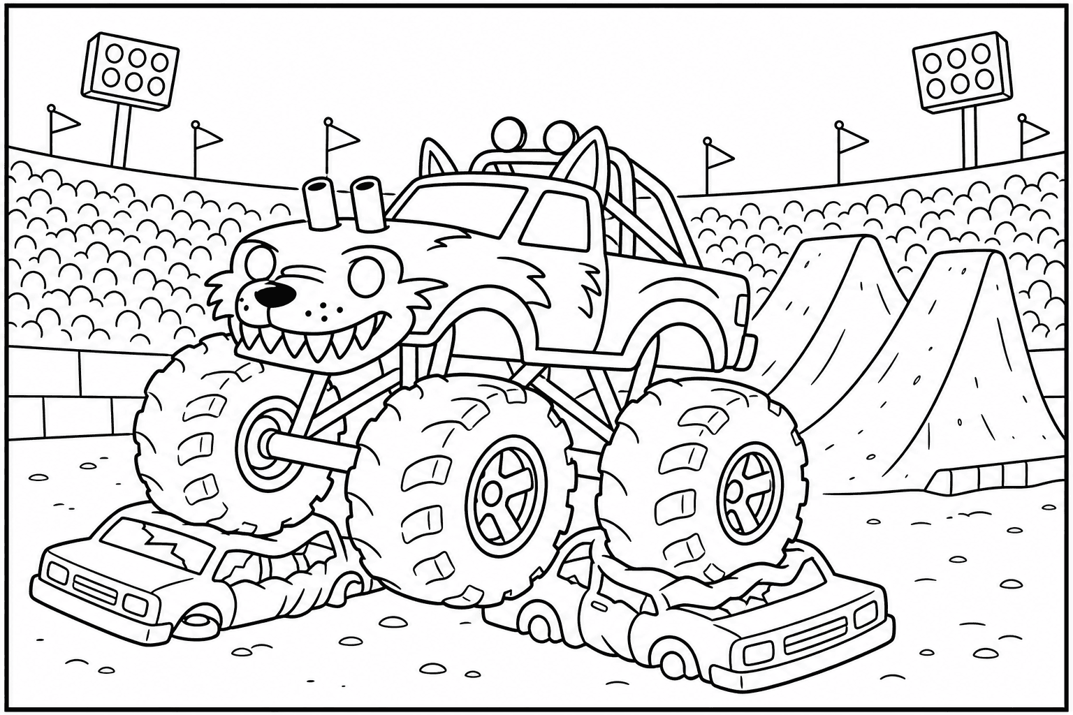 Wolf Monster Truck coloring page — version 2, printable black and white car outline for kids
