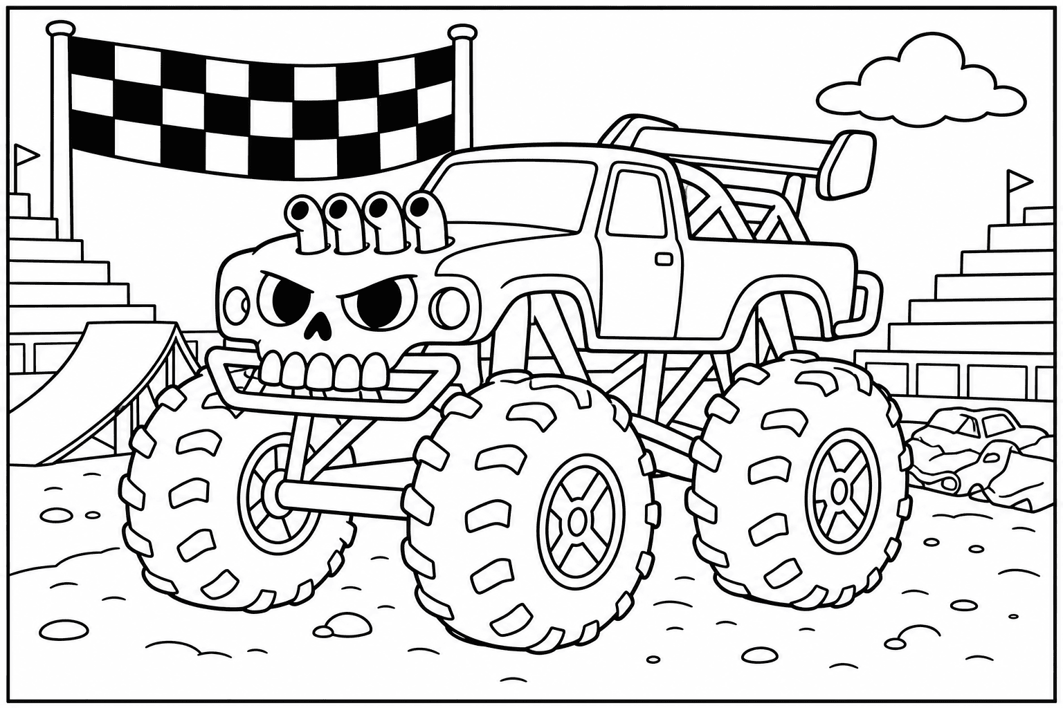 Skull Monster Truck coloring page — version 2, printable black and white car outline for kids